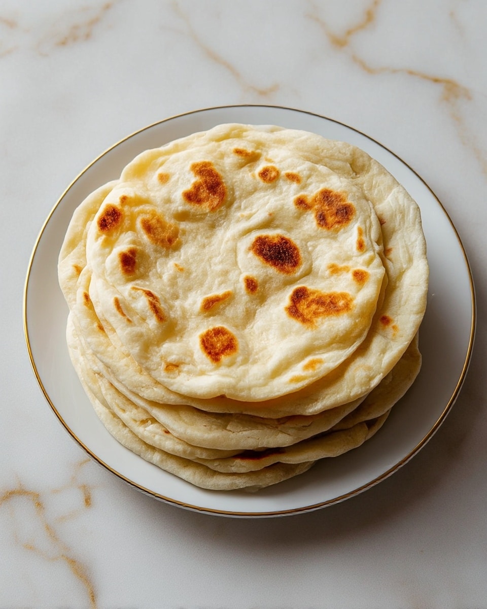 A stack of six flatbreads with a lightly browned, unevenly cooked surface is placed on a white plate with a thin gold rim. The flatbreads have a soft, slightly puffy texture, with round shapes that are not perfectly uniform. The top flatbread shows golden brown spots scattered across its surface, giving it a warm and inviting look. The plate rests on a white marbled surface with subtle gray and gold veining. photo taken with an iphone --ar 4:5 --v 7