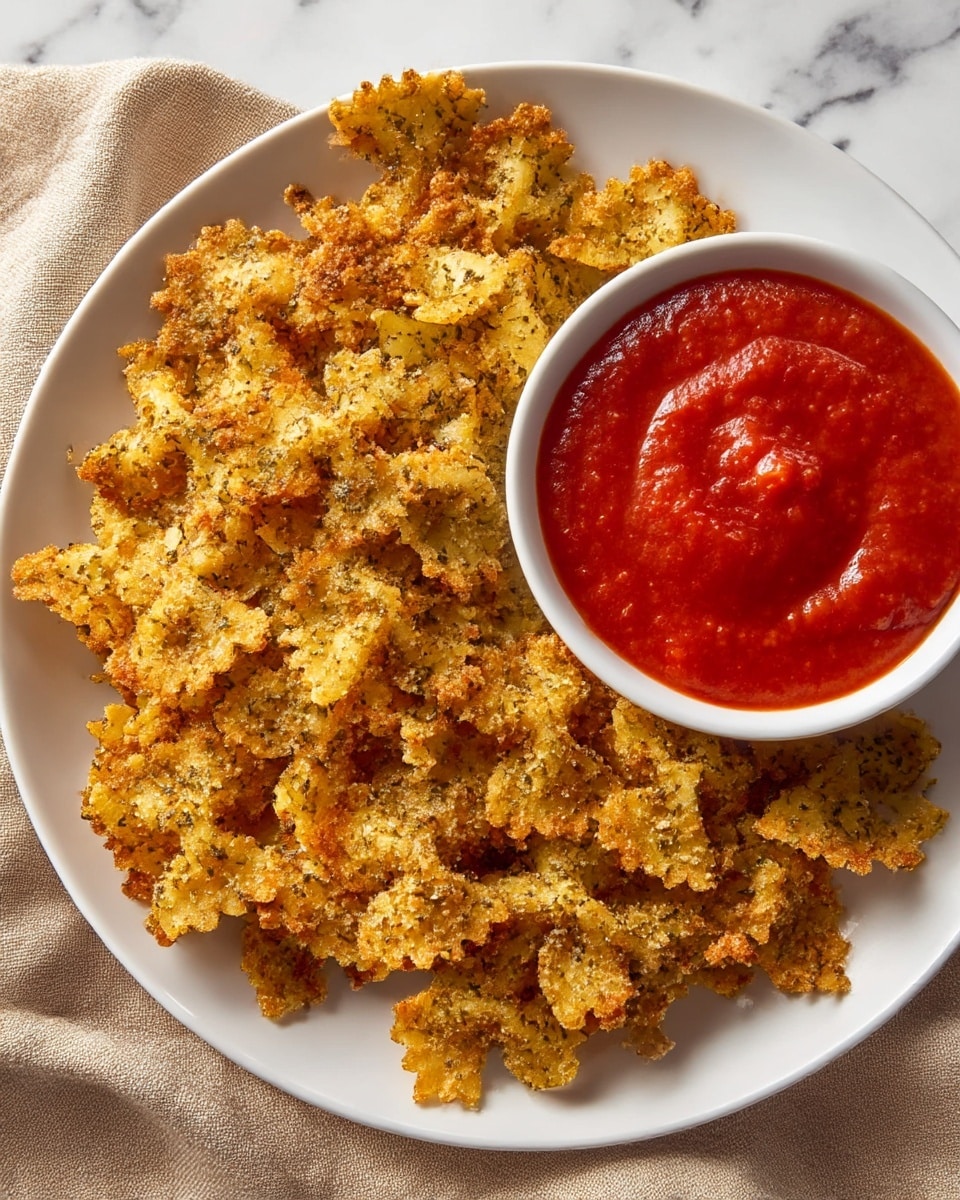 A white plate holds a layer of golden brown, crispy bow-tie pasta chips seasoned with black pepper and herbs, showing a rough, crunchy texture with some edges darker than others. On the right side of the plate, there is a small white bowl filled with bright red smooth marinara sauce with a slightly shiny surface. The plate sits on a beige fabric with a soft weave, all placed on a white marbled surface. photo taken with an iphone --ar 4:5 --v 7