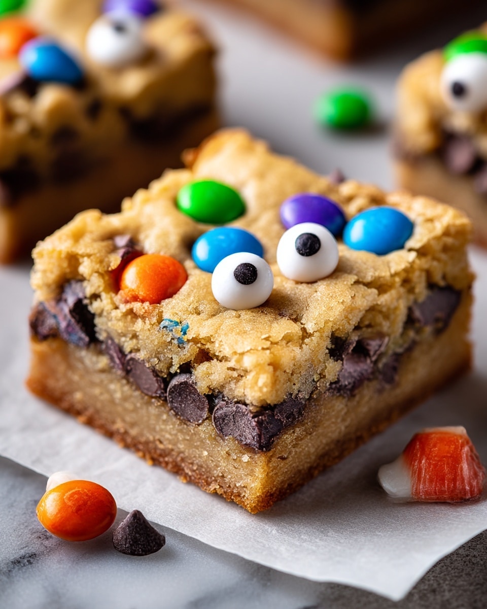 A close-up view of a thick square blondie bar resting on a piece of white parchment paper over a white marbled surface. The blondie has three visible layers: a slightly crisp brown bottom layer, a gooey middle with melted chocolate chunks, and a soft, golden top layer studded with colorful candy-coated chocolates in blue, green, orange, and purple, along with a few candy eyes that add a playful touch. The texture of the top is crumbly with uneven edges, showing bits of chocolate chips embedded inside. There are a few candy pieces scattered near the blondie on the surface. Photo taken with an iphone --ar 4:5 --v 7