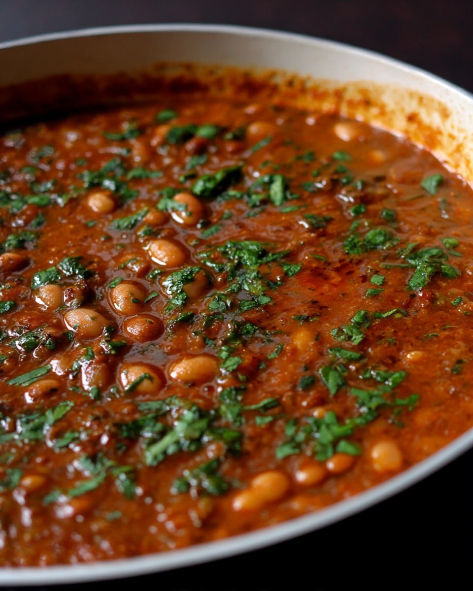 A close-up view of a white bowl filled with a thick, brown bean stew that has visible white beans and green herb pieces scattered throughout. Part of the stew is scooped out, showing a smooth, saucy texture mixed with small chunks and finely chopped greens. A woman's hand holds a triangular piece of soft white bread dipped into the stew, with the stew thickly coating the bread's surface. The background has a white marbled texture. photo taken with an iphone --ar 4:5 --v 7