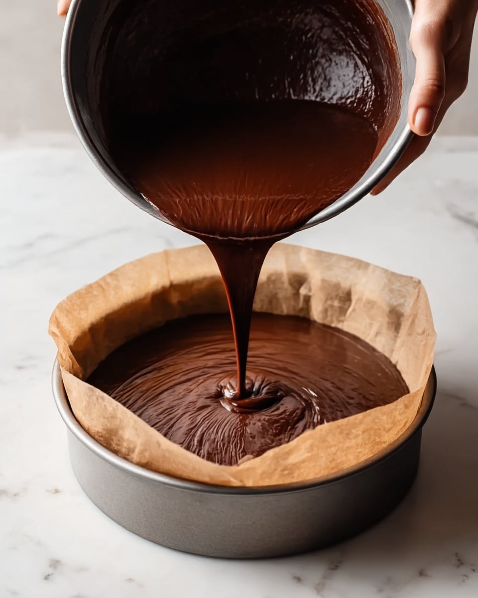 A slice of chocolate cheesecake sits on a white plate with fine brown speckles and a thin brown edge. The cheesecake has three layers: a dark brown, dense crust at the bottom, a thick middle layer of creamy, light brown chocolate filling, and a smooth, glossy, dark chocolate ganache topping. On top of the ganache, there is a dollop of white whipped cream, surrounded by fresh berries including bright red raspberries, dark blackberries, and deep blue blueberries. A small green mint leaf adds a fresh touch at the back of the whipped cream. Two berries rest on the plate near the slice. The setting is on a white marbled surface. photo taken with an iphone --ar 4:5 --v 7