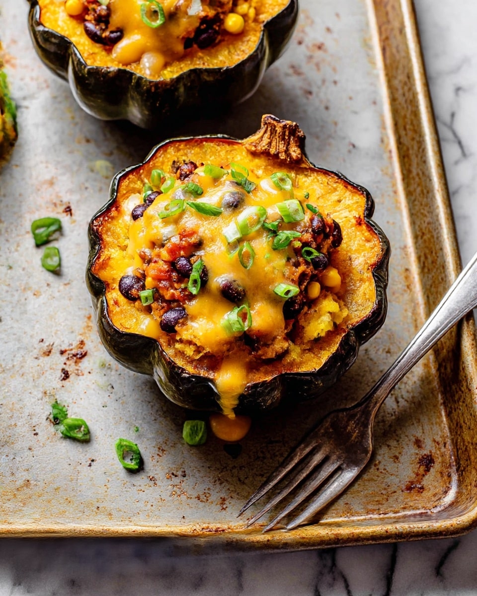 The dish shows a halved acorn squash with a dark green, ridged skin, roasted to a golden-brown inside, filled with three main layers: a bottom layer of soft cooked squash flesh, a middle mix of black beans, corn, and diced tomatoes with rich orange and red tones, topped with melted yellow cheddar and white cheese dripping over, garnished with bright green sliced scallions and small chopped herbs. It sits on a well-used metal baking sheet with a silver fork beside it, all set against a white marbled texture. photo taken with an iphone --ar 4:5 --v 7