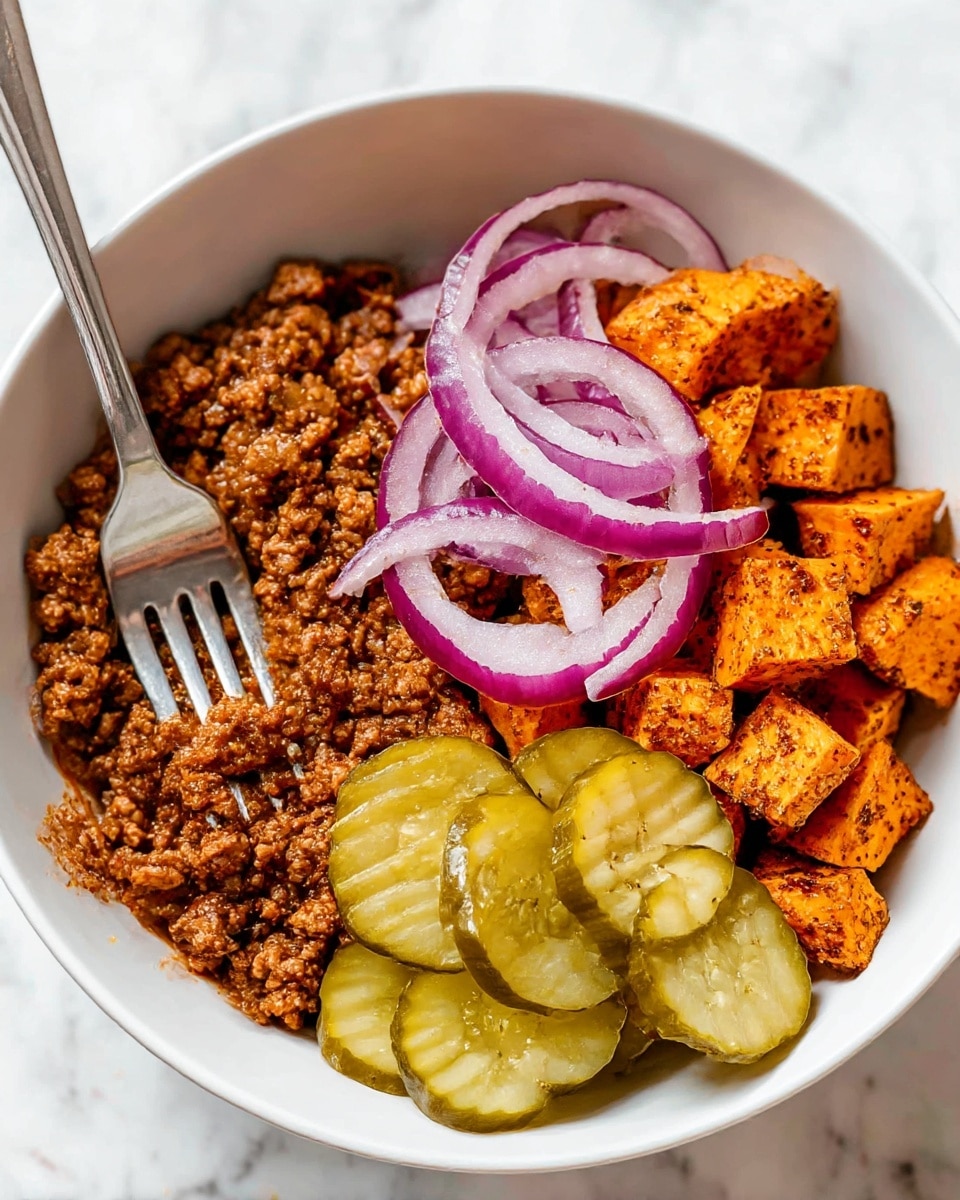 A white bowl holds three main layers: on the left, a layer of cooked ground beef mixed with diced onions in a rich brown sauce with a slightly chunky texture; on the right, bright orange roasted sweet potato cubes seasoned with dark specks of spices; on top of the sweet potatoes, thinly sliced, curved purple and white red onion rings; in front of the onions, several translucent green pickle slices overlapping each other, showing their seeds clearly. A silver fork is partially stuck into the ground beef on the left side. The bowl sits on a white marbled surface. photo taken with an iphone --ar 4:5 --v 7