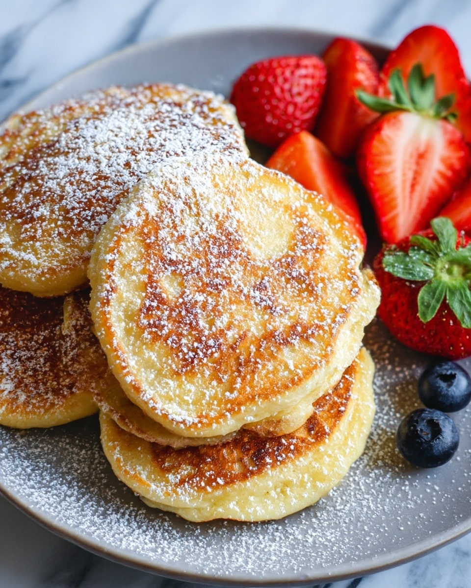 There are four golden brown pancakes stacked slightly overlapping on a white plate, each pancake showing a crispy texture with light and darker spots. Powdered sugar is sprinkled generously over the pancakes and the plate. On the side, there are fresh strawberries cut in half, showing their bright red inside and green leafy tops, along with a couple of whole blueberries. The plate sits on a white marbled surface. photo taken with an iphone --ar 4:5 --v 7
