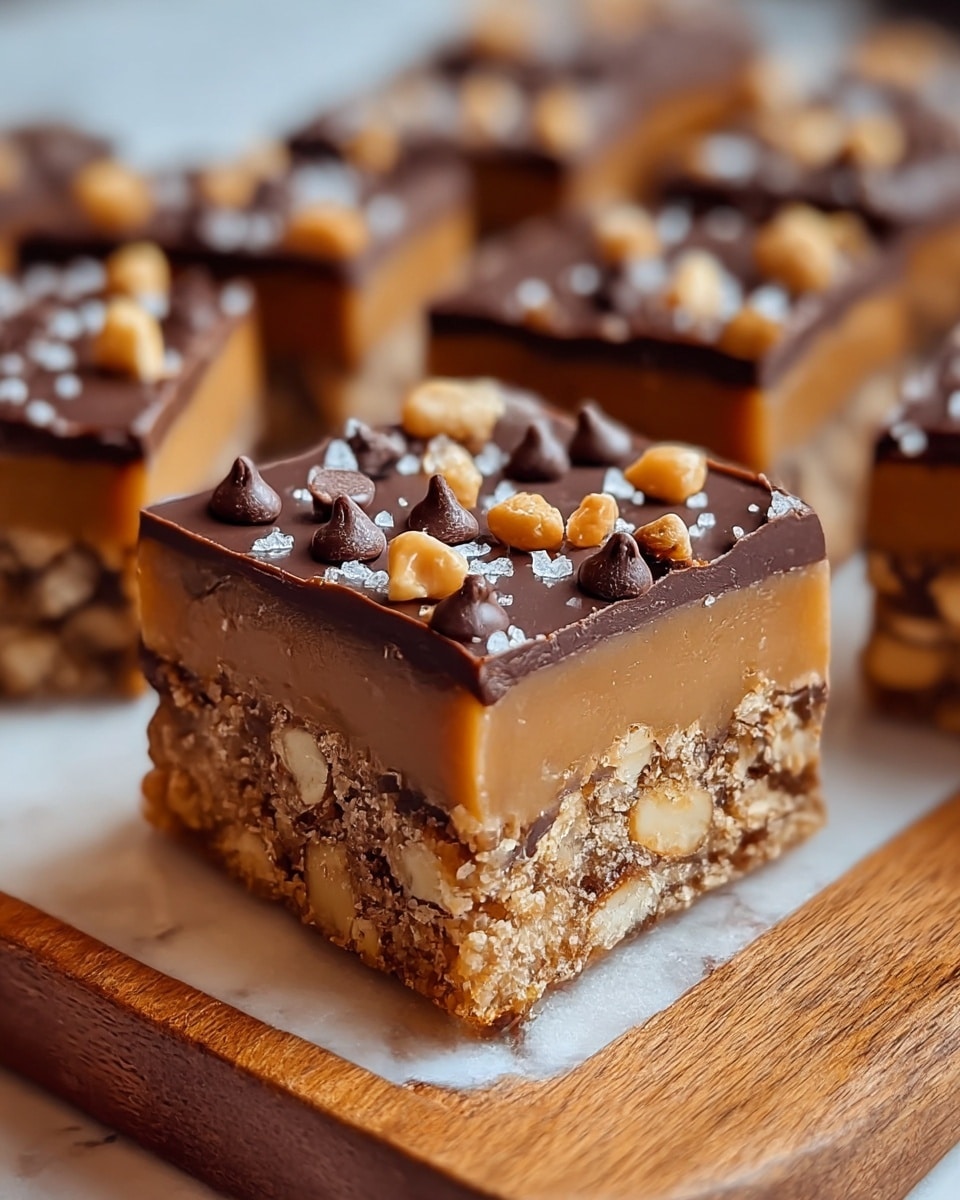 The image shows a close-up of a square dessert bar with three distinct layers. The bottom layer is crumbly and studded with chunks of nuts, showing a rough texture in light brown tones. The middle layer is smooth and glossy caramel, a warm golden brown, sitting thick and even atop the nutty base. The top layer is a shiny dark chocolate ganache, dark brown and velvety, sprinkled with chocolate chips and small chopped peanut pieces, along with a light sprinkle of sea salt crystals. The dessert pieces are arranged on a wooden board with a soft-focus background showing more of the same bars, on a white marbled texture. Photo taken with an iphone --ar 4:5 --v 7