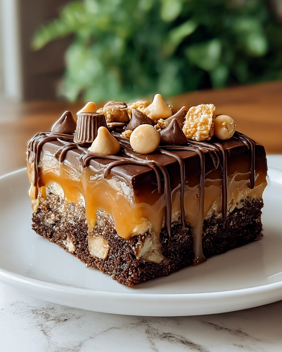 A close-up image of a square dessert bar on a white plate, set on a white marbled surface. The dessert has four visible layers: the bottom layer is a dark brown, crumbly brownie base with chunks visible inside; above it is a thick, smooth caramel layer dripping down the sides; then a slightly lighter layer with a creamy texture is seen; the top layer is glossy dark chocolate drizzled over, decorated with scattered milk chocolate chips and clusters of crunchy beige pieces. The background shows a blurred green plant and a wooden area. Photo taken with an iphone --ar 4:5 --v 7