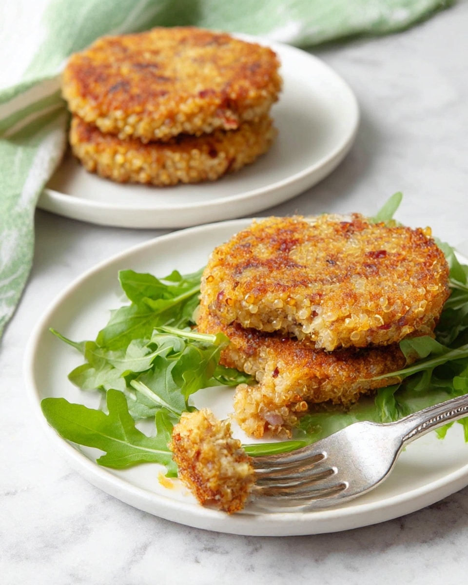 Two golden brown quinoa patties are stacked on a white round plate in the background, showing a crispy, textured surface with small bits of red onion visible. In the front, one patty sits alone on another white round plate, broken slightly with a small piece held by a silver fork resting beside it. Bright green leaves of arugula add a fresh touch around the patty on the plate. The whole scene is set on a white marbled surface, with a green and white striped cloth partially visible in the upper left corner. photo taken with an iphone --ar 4:5 --v 7