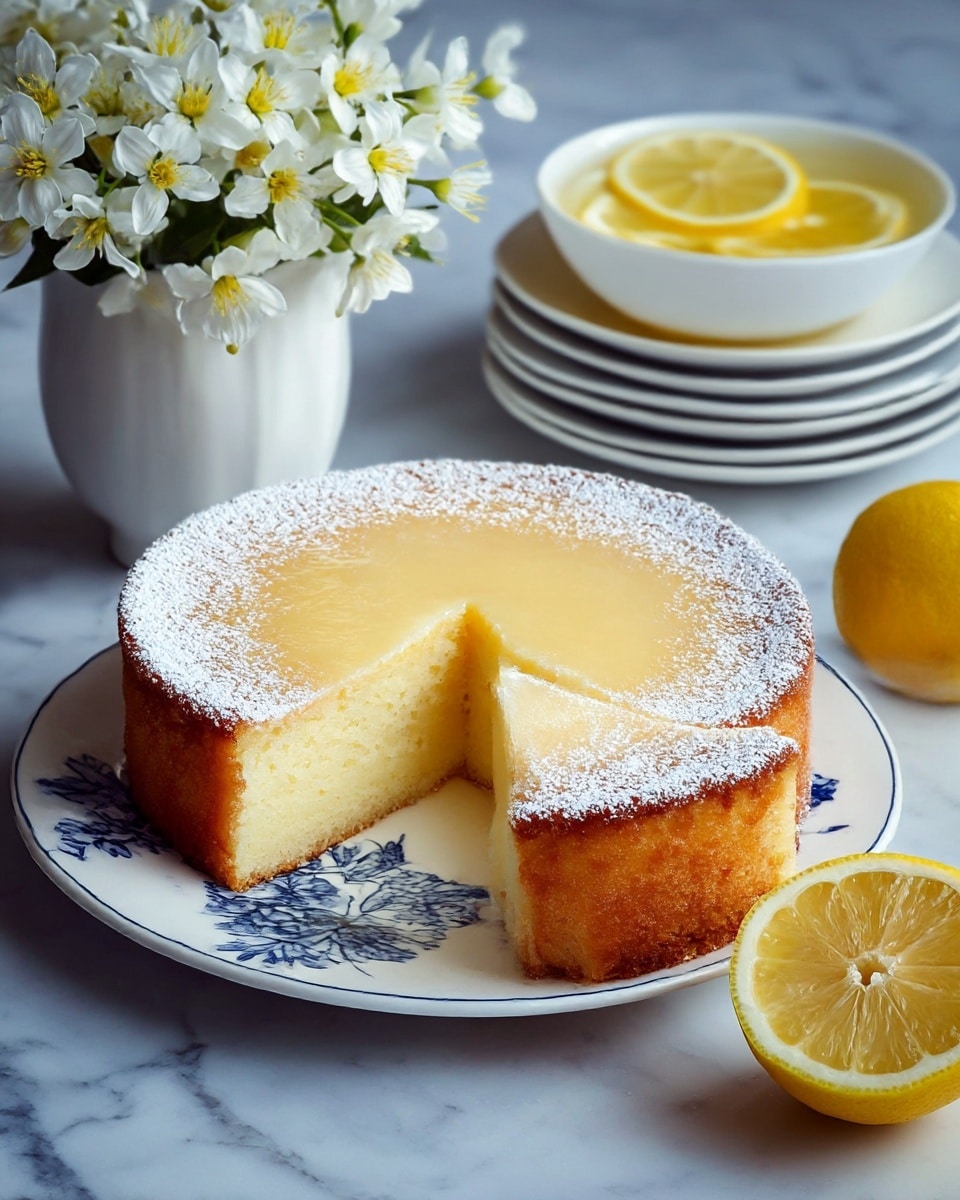 The image shows a round lemon cake with three distinct layers. The bottom layer is a thick, light yellow sponge with a soft texture. The middle is a smooth, shiny lemon curd layer in a bright yellow shade, evenly spread. The top layer is a thin, golden-brown crust dusted with powdered sugar, which also lightly spreads toward the edges. The cake is cut with one slice removed, revealing the layers clearly. It sits on a white plate with black floral patterns on a white marbled surface. In the background, there is a white bowl with lemon slices in syrup on stacked white plates, and white flowers with yellow centers and green leaves, along with a half lemon placed to the right. Photo taken with an iphone --ar 4:5 --v 7
