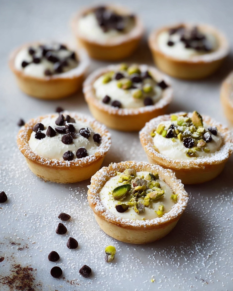 A group of small tartlets arranged on a white marbled textured surface, each with a light golden brown crust forming the bottom and sides. The tarts are filled with a creamy white layer that is smooth and soft, topped on some with small, dark chocolate chips scattered evenly, and on others with chopped green pistachios. The edges of the tart crusts are sprinkled with a light dust of powdered sugar, adding a delicate white contrast. The tartlets are placed in a loose cluster with some chocolate chips and powdered sugar sprinkled around them on the surface. photo taken with an iphone --ar 4:5 --v 7