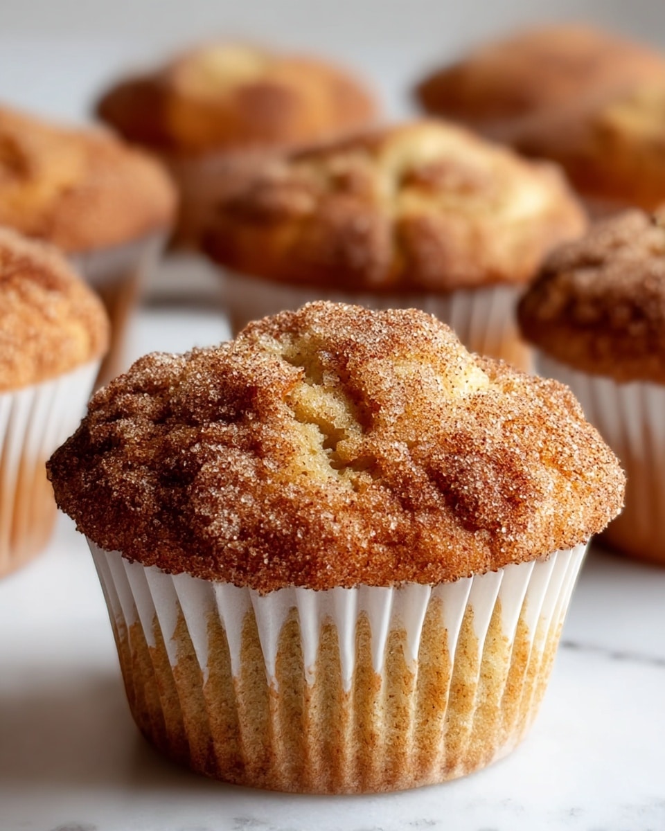 A close-up of a single cinnamon sugar muffin in a white paper liner, showing one layer of golden crumbly muffin topped with a textured, rough layer of cinnamon sugar with a mix of light brown and darker brown patches. In the background, there are several more muffins, softly blurred, sharing the same color and texture. The muffins rest on a white marbled surface, creating a clean and simple setting. photo taken with an iphone --ar 4:5 --v 7