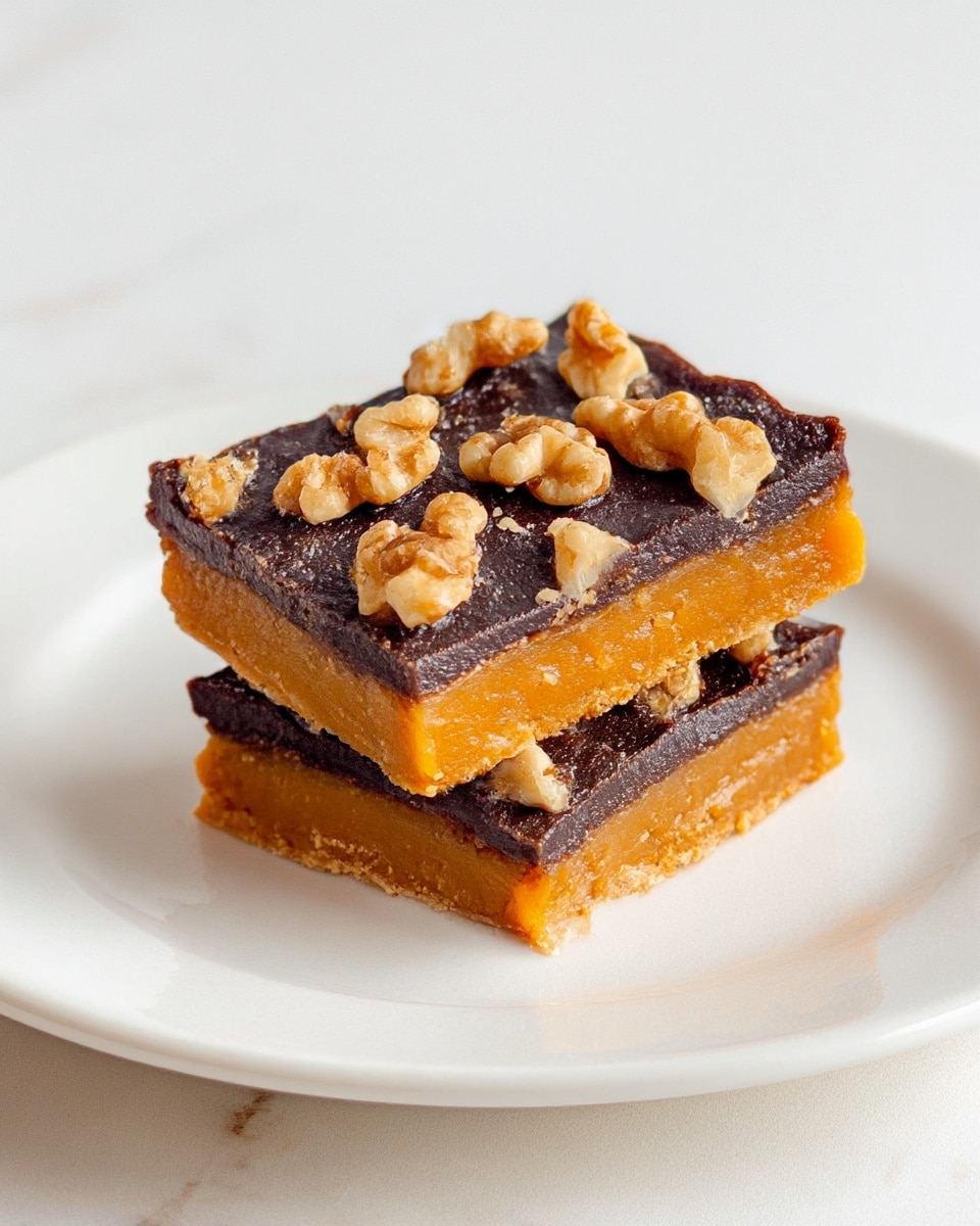 Two square dessert bars are stacked on a white plate placed on a white marbled surface. Each bar has two visible layers: a bottom layer that is a soft orange color with a smooth texture, and a thicker top layer that is dark brown and slightly rough, almost like a baked chocolate or fruit paste. The top layer is decorated with scattered light brown walnut pieces that add a crunchy texture. The bars are slightly uneven, showing a homemade look. photo taken with an iphone --ar 4:5 --v 7
