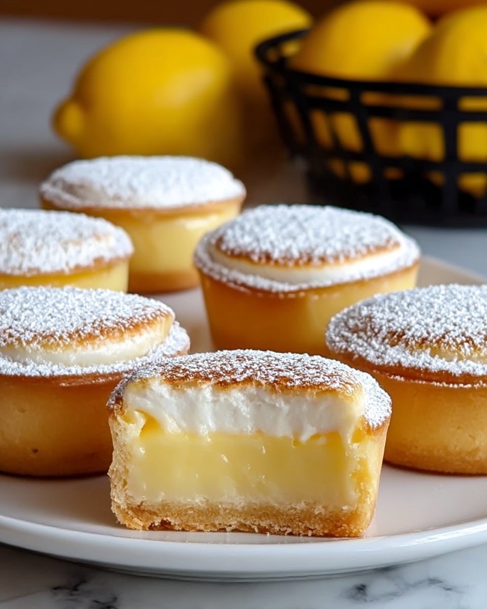 The image shows six lemon tarts arranged on a white plate with a white marbled texture surface, all topped with a layer of powdered sugar that looks soft and powdery. One tart is cut in half at the front, revealing three distinct layers: a thin golden brown crust on the bottom, a thick smooth pale yellow lemon filling in the middle, and a slightly browned, fluffy meringue layer on top dusted with powdered sugar. In the blurred background, there is a black basket filled with whole yellow lemons. The photo taken with an iphone --ar 4:5 --v 7
