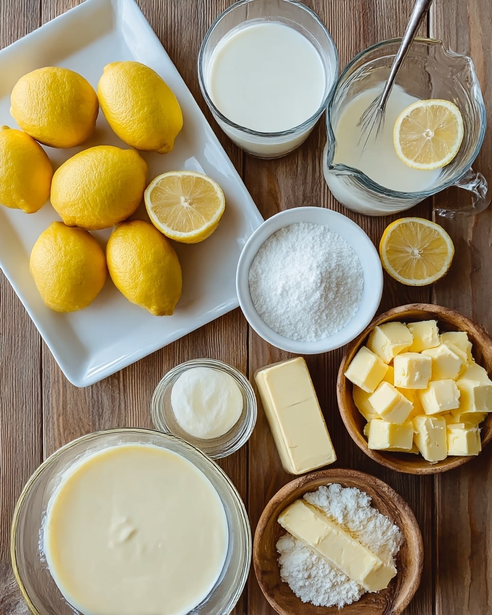 The image shows a top view of several bowls and plates with baking ingredients arranged on a wooden table. There is a white tray holding seven bright yellow whole lemons on the left. Near the top, a white plate contains lemon halves with a bright yellow interior. A clear glass bowl with milk and a metal stirrer sits in the upper right. To the right, a white bowl is filled with white powdered sugar. Near the center, there is a small glass jar of pale yellow liquid and a rectangular stick of butter beside it. A large clear bowl on the lower left holds more milk or cream with a smooth surface. At the bottom right, a wooden bowl contains cubed butter in light yellow. The background is a warm wooden texture. photo taken with an iphone --ar 4:5 --v 7