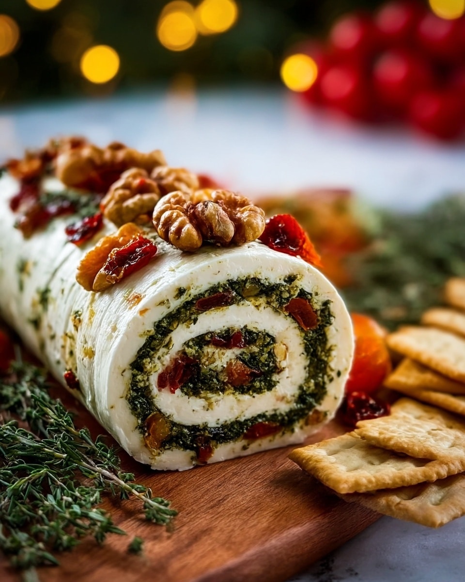 A close-up view of a rolled cheese dish, sliced to show five visible spiral layers. The base layer is smooth white cheese, followed by a thin dark green pesto layer, then a white cheese layer again, another thin pesto layer with bits of dried red tomatoes layered inside. The roll is topped with whole walnut pieces and small dried red tomato bits scattered across and above the spiral layers. The dish is placed on a wooden board with scattered light brown crackers on the bottom right and sprigs of green herbs on the left side. In the blurred background, red cherry tomatoes and yellow warm lights add a cozy touch. The overall scene sits on a white marbled texture. Photo taken with an iphone --ar 4:5 --v 7