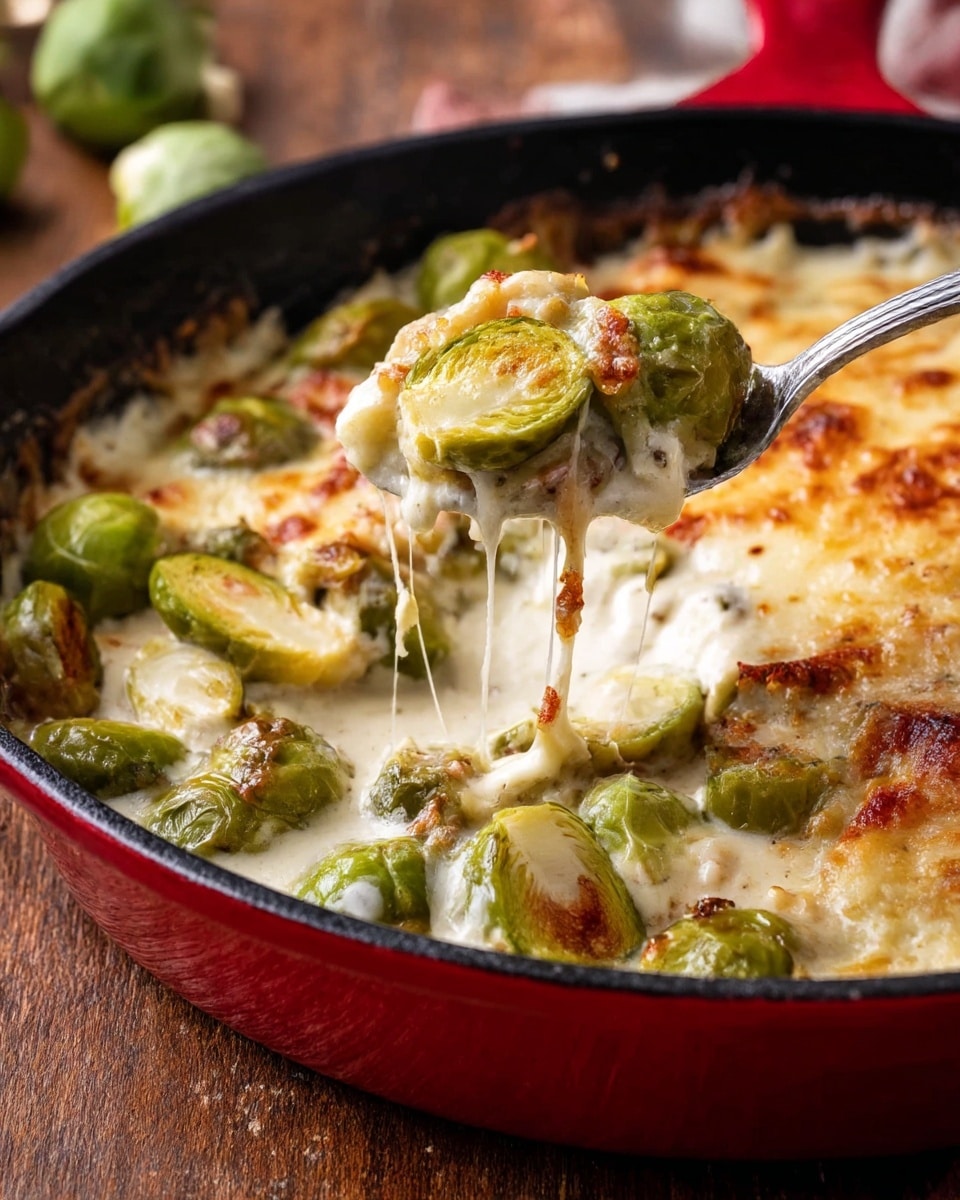 A close-up view of a hot dish in a cast iron skillet with a red outside and black inside, placed on a wooden surface. The dish has a creamy white base layer with a smooth texture. On top, there are multiple small green Brussels sprouts, some cut in half showing their inner layers. The top layer is covered with melted cheese that is golden brown and bubbly, stretching as a silver spoon lifts some Brussels sprouts and cheese from the skillet. The melted cheese has a slightly browned, crispy texture around the edges. Photo taken with an iphone --ar 4:5 --v 7