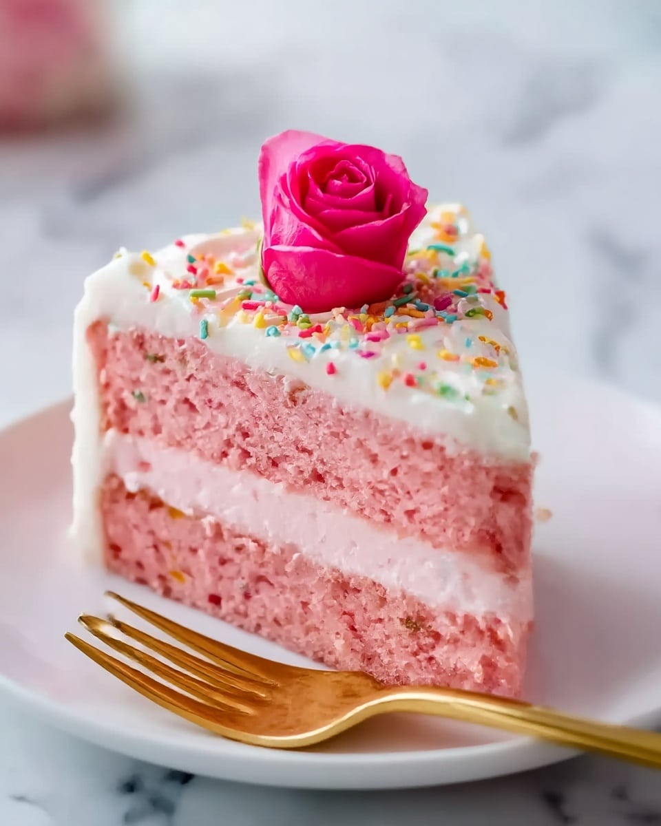 The image shows a piece of pink cake with three layers: two thick, soft pink sponge cake layers and a smooth, creamy light pink filling layer in the middle. The top of the cake is covered with white fluffy frosting sprinkled with colorful small bits and decorated with a single bright pink rose in the center. The cake sits on a white plate with a shiny gold fork next to it. The background is a white marbled surface. Photo taken with an iphone --ar 4:5 --v 7