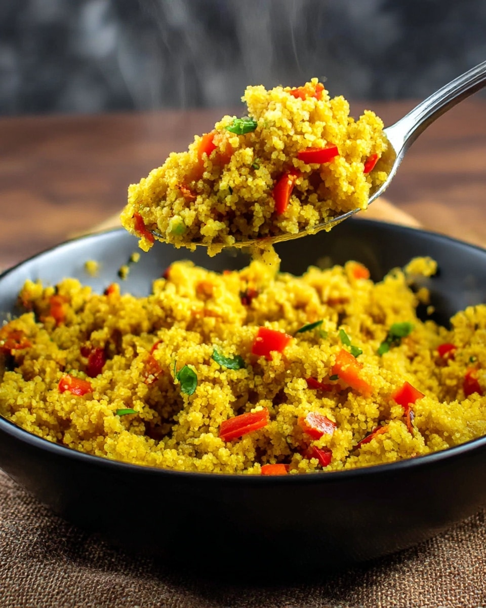 A close-up view of a black bowl filled with yellow cooked couscous mixed with small pieces of red bell pepper and green herbs scattered throughout. The couscous grains have a grainy texture and are fluffy, with steam rising from the bowl showing it is hot. A metal spoon is lifting a spoonful of the couscous mixture from the bowl, showing the vibrant colors and small chunks clearly. The bowl sits on a textured brown fabric over a dark wooden surface, which is replaced by a white marbled texture. photo taken with an iphone --ar 4:5 --v 7