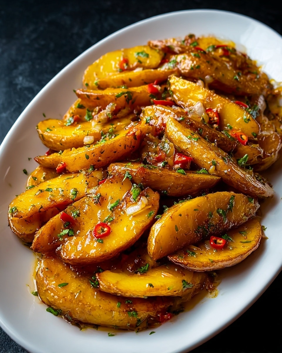 An oval white plate is filled with golden roasted potato wedges arranged in overlapping layers, showing a crispy brown side and a soft yellow inside. The potatoes are coated in a shiny sauce with small chopped pieces of red chili, white onion, and green herbs scattered evenly on top. The sauce gives a glossy texture that makes the dish look juicy and well-coated. The plate sits on a dark surface, creating a strong contrast with the bright colors of the potatoes and garnishes. photo taken with an iphone --ar 4:5 --v 7