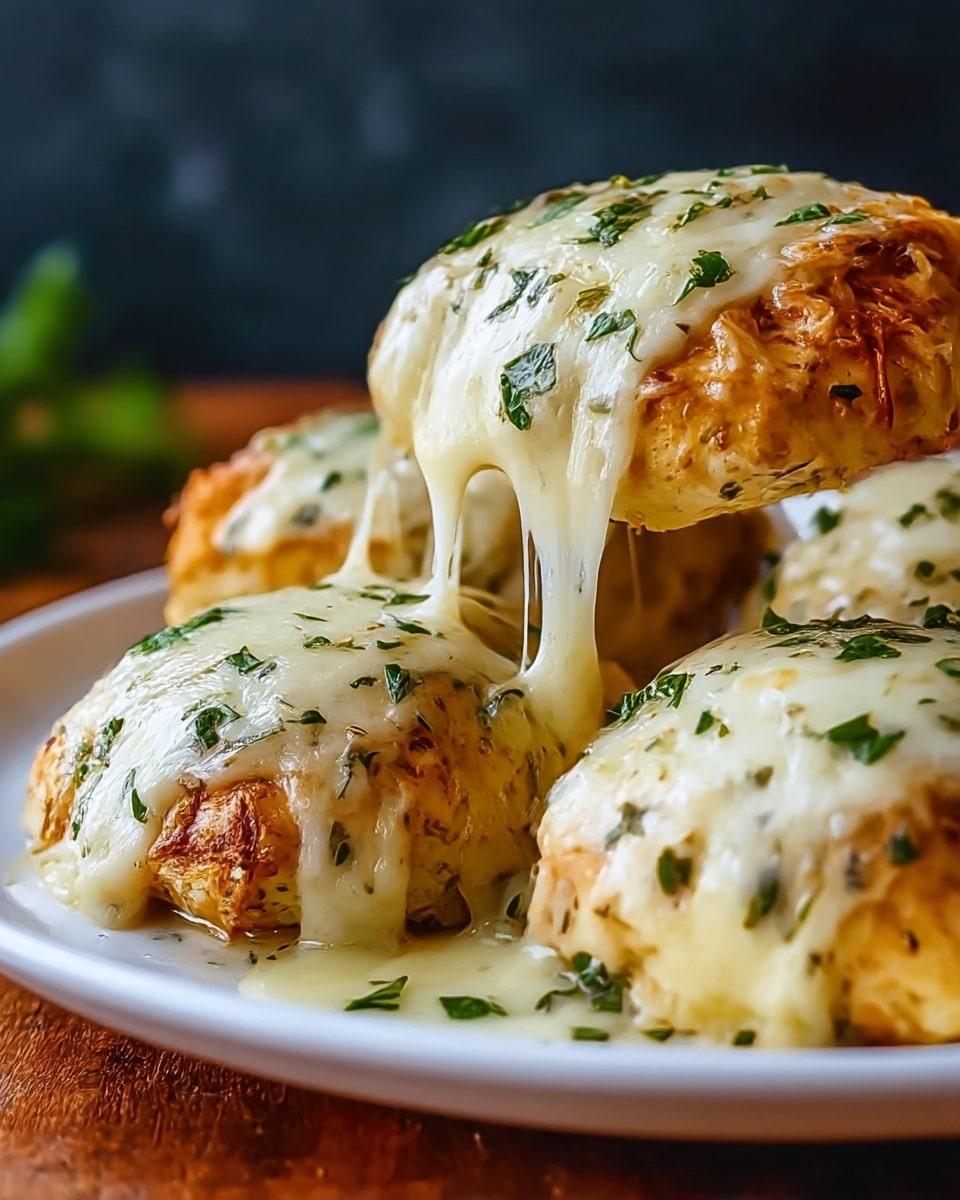 Four pieces of golden brown chicken breasts sit in a white plate, each topped with a thick, melted layer of white cheese that stretches as one piece is lifted, showing its gooey texture. Bright green chopped herbs are sprinkled on top of the cheese, adding a fresh contrast to the creamy white and golden colors. The white plate rests on a wooden surface with a blurred dark background, making the chicken and cheese the main focus. photo taken with an iphone --ar 4:5 --v 7