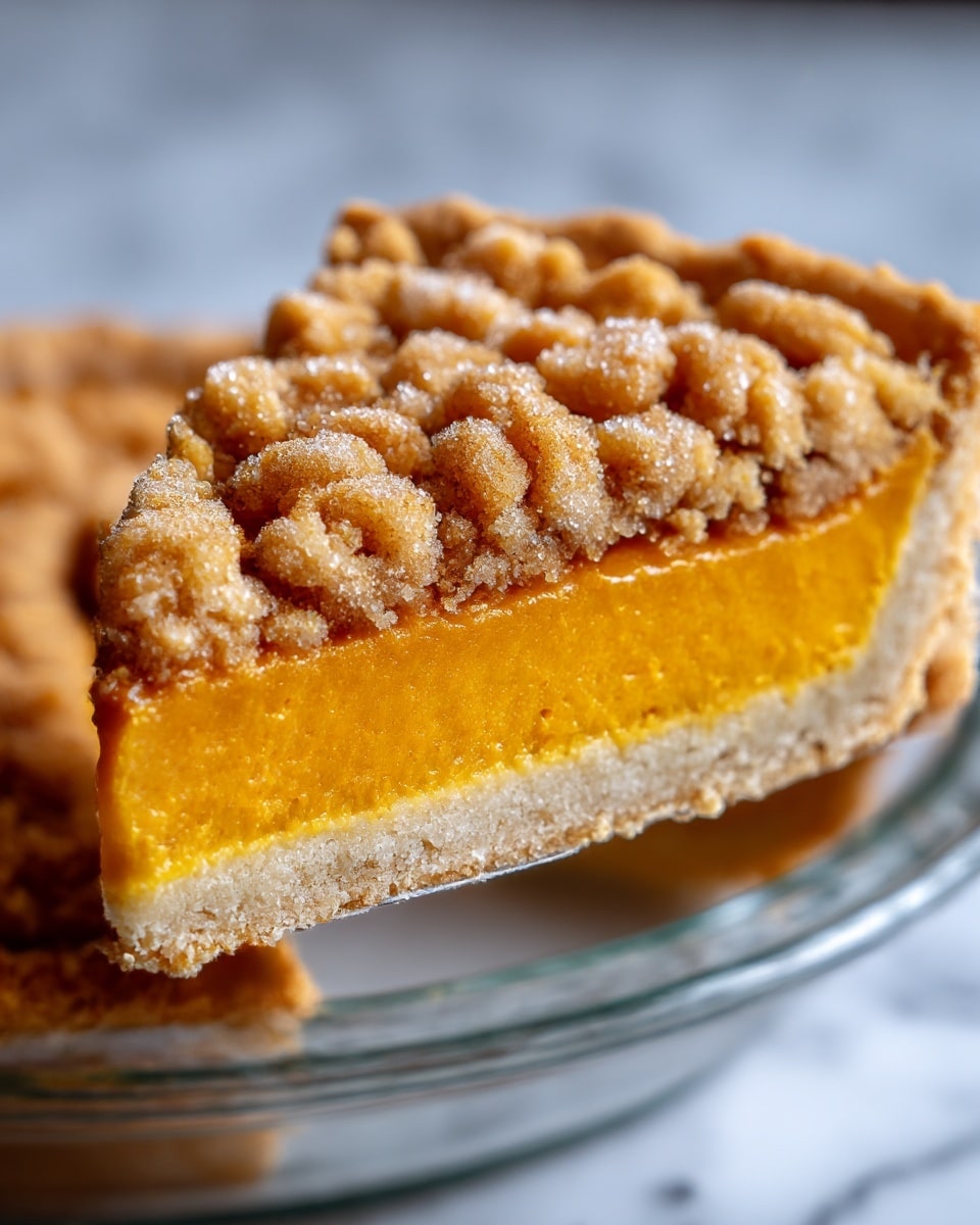 A close-up image shows a slice of pie with three layers. The bottom layer is a crumbly light beige crust. The middle layer is a smooth, thick, bright orange filling. The top layer is made of small, rough crumbles that are golden brown with a sugar dusting, giving it a crunchy look. The pie slice is held above a clear glass pie plate, and the background is a soft white marbled texture. photo taken with an iphone --ar 4:5 --v 7