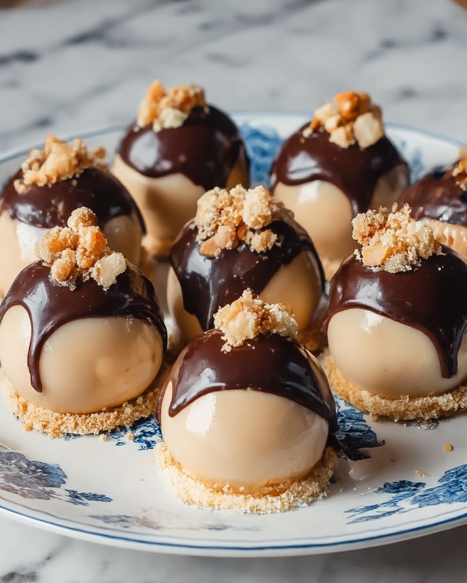 The image shows eight round, shiny beige dessert spheres arranged on a white plate with blue flower designs. Each sphere sits on a small bed of light crumbly crumbs. The top half of each sphere is covered with a thick, dark brown chocolate glaze that drips down the sides. On top of the glaze are small light-brown crumb chunks, adding texture and contrast. The plate is placed on a white marbled surface, giving the scene a clean and elegant look. Photo taken with an iphone --ar 4:5 --v 7