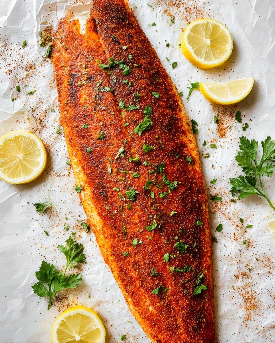 A single, large cooked fish fillet lies flat on white parchment paper over a white marbled texture, its surface covered with a deep orange-red spice rub that gives a slightly rough texture. Small green herb leaves are scattered evenly across the top, adding pops of bright green contrast to the warm tones. Around the fillet, there are several yellow lemon wedges with smooth, shiny skin and juicy interiors, as well as sprigs of fresh green parsley with flat leaves. Fine, scattered brown spices dust the parchment around the fillet, enhancing the rustic and fresh feel. Photo taken with an iphone --ar 4:5 --v 7