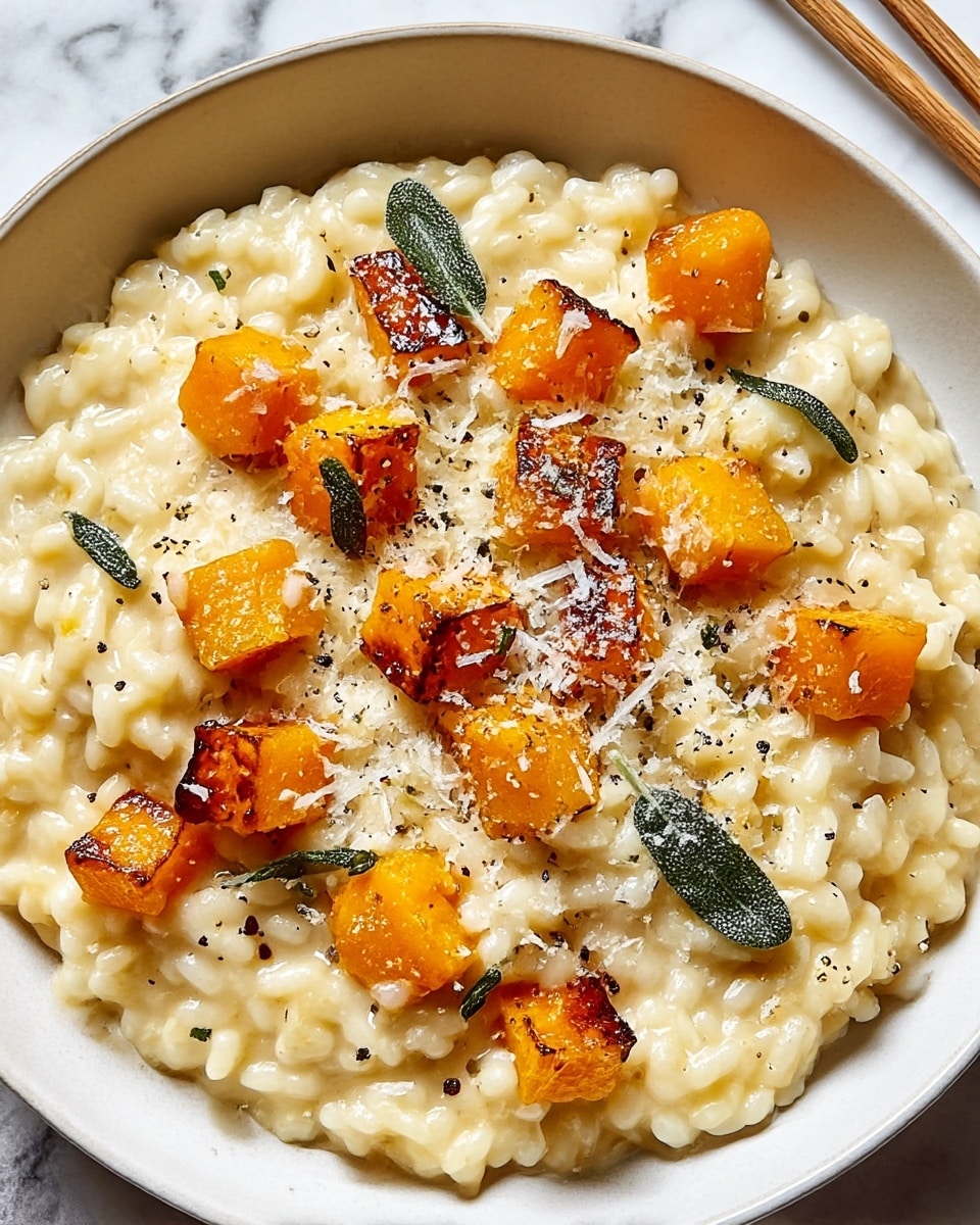 A close-up of creamy risotto served in a white bowl with a thin brown rim, filled with soft white rice mixed with bright orange cubes of pumpkin. The risotto is topped with grated parmesan cheese, small green rosemary leaves, and sprinkled with ground black pepper. The bowl is placed on a white marbled texture surface. Photo taken with an iphone --ar 4:5 --v 7