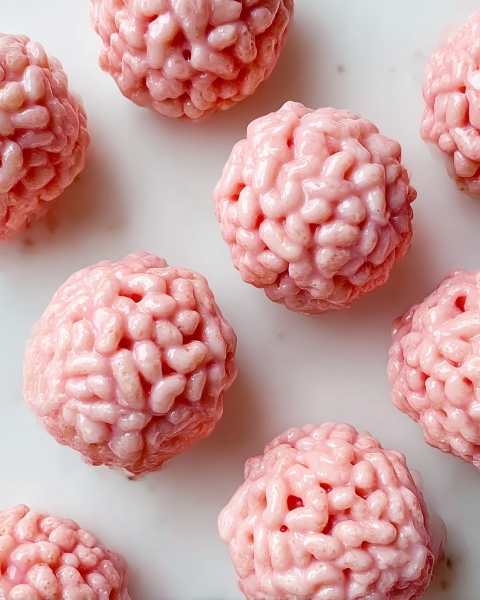 The image shows several round, pink treats made from puffed rice cereal coated in a glossy, light pink syrup, giving them a shiny and slightly sticky texture. Each ball is tightly packed with puffed rice, creating a bumpy surface with distinct puffed rice pieces visible throughout. The treats are placed on a white marbled surface, arranged loosely with some space between them. photo taken with an iphone --ar 4:5 --v 7