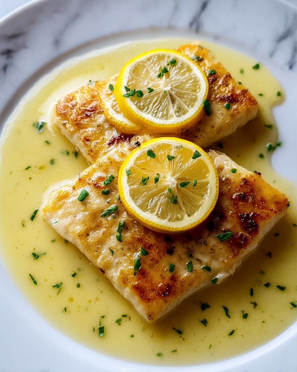 Two pieces of grilled fish fillets with a golden brown crust lie side by side on a white plate, covered partially by a light yellow buttery sauce. The top fillet has two thin, round lemon slices placed on it with scattered small green herb pieces, adding freshness. The sauce pools gently around the fillets, with small herbs sprinkled on the sauce and plate edges. The background shows a white marbled texture. Photo taken with an iphone --ar 4:5 --v 7