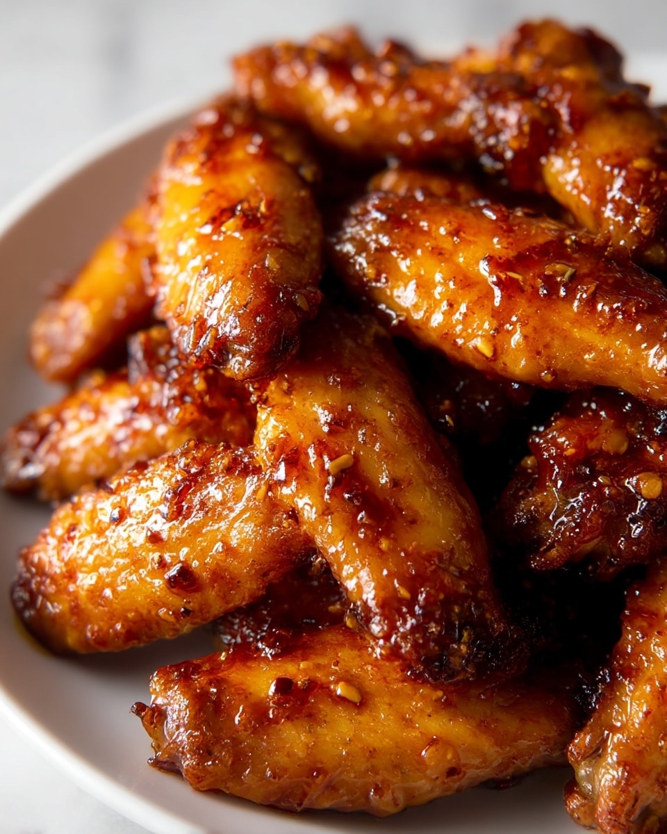 A close-up view of a white plate filled with several golden-brown chicken wings. Each wing is coated with a glossy, sticky sauce that shines under the light, showing a rich mix of dark amber and reddish hues. The sauce has bits of garlic and spices visible scattered across the wings, adding texture to the smooth glaze. The chicken wings are piled high, with some wings overlapping others, showing crisp skin with slightly charred edges and a tender inside. The surface beneath the plate is a white marbled texture, softly blurred to keep the focus on the wings. photo taken with an iphone --ar 4:5 --v 7