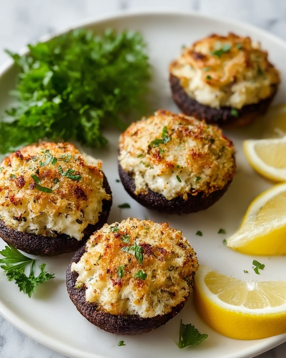 Four stuffed mushrooms are placed on a round white plate on a white marbled surface. Each mushroom has a dark brown, almost black base with tightly packed white filling topped with golden brown toasted bits, showing a crunchy texture. Small green herb pieces are sprinkled on top and around the mushrooms for garnish. Lemon wedges with bright yellow color are arranged around the mushrooms, and a bunch of fresh green parsley adds a touch of color to the plate. The lighting highlights the textures and colors clearly. photo taken with an iphone --ar 4:5 --v 7