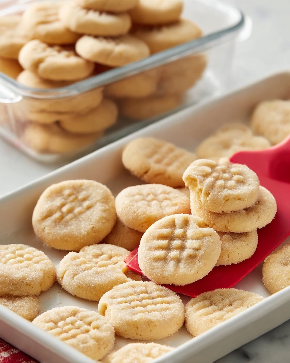 A close-up view of many small round cookies with a light golden color and a slightly rough sugar-coated surface, each cookie has a criss-cross fork pattern on top. They are placed on a white baking tray with some cookies scooped up by a red spatula, revealing the soft texture. More cookies are visible stacked inside a clear rectangular container in the background. The scene is set on a white marbled surface. photo taken with an iphone --ar 4:5 --v 7