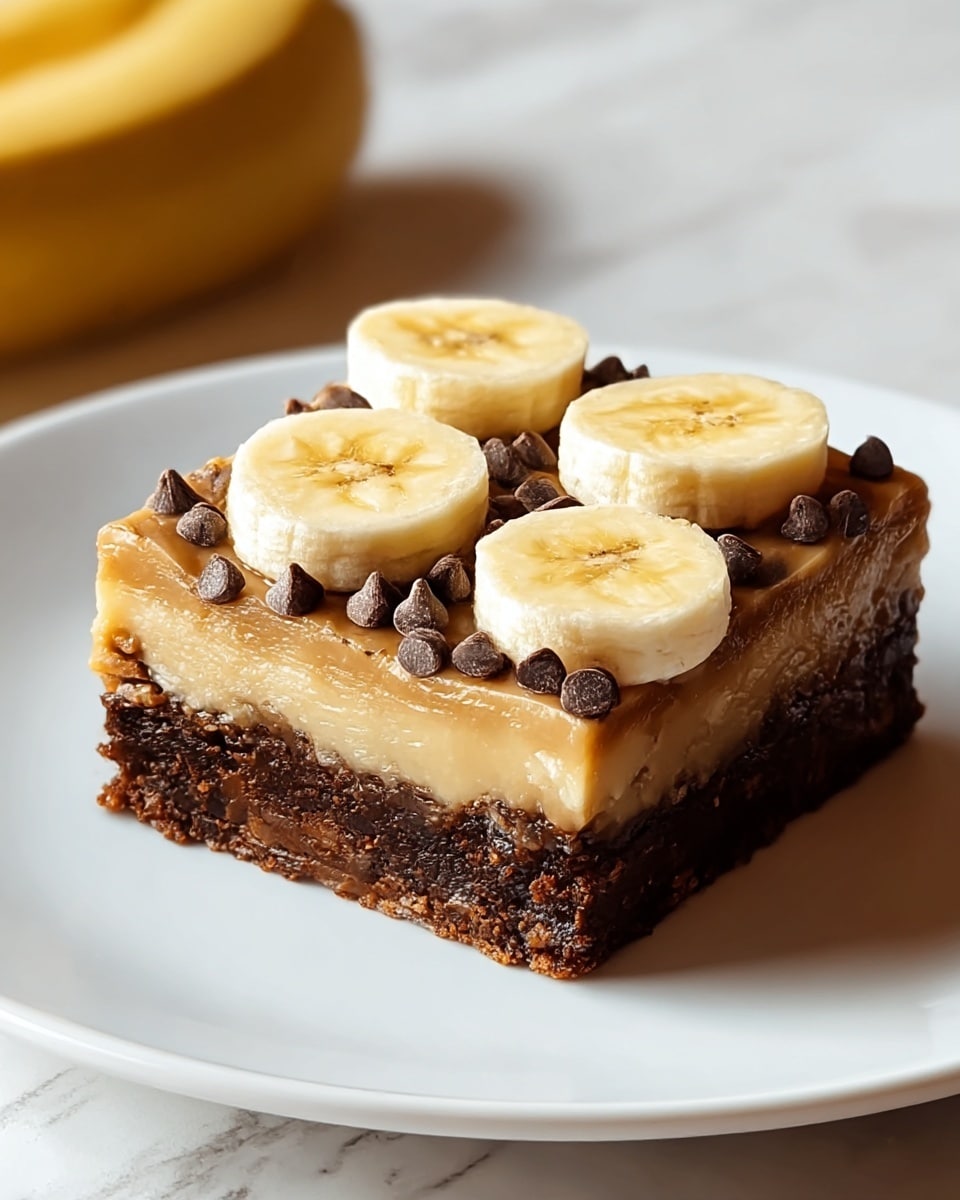 A square piece of dessert sits on a white plate against a white marbled texture, showing three visible layers: the bottom layer is dark brown and moist like a chocolate brownie, the middle layer is a smooth, light caramel color, and the top layer is decorated with small dark chocolate chips and four thick banana slices placed evenly on top, each banana slice showing a soft yellow color with light brown spots in the center. Photo taken with an iphone --ar 4:5 --v 7