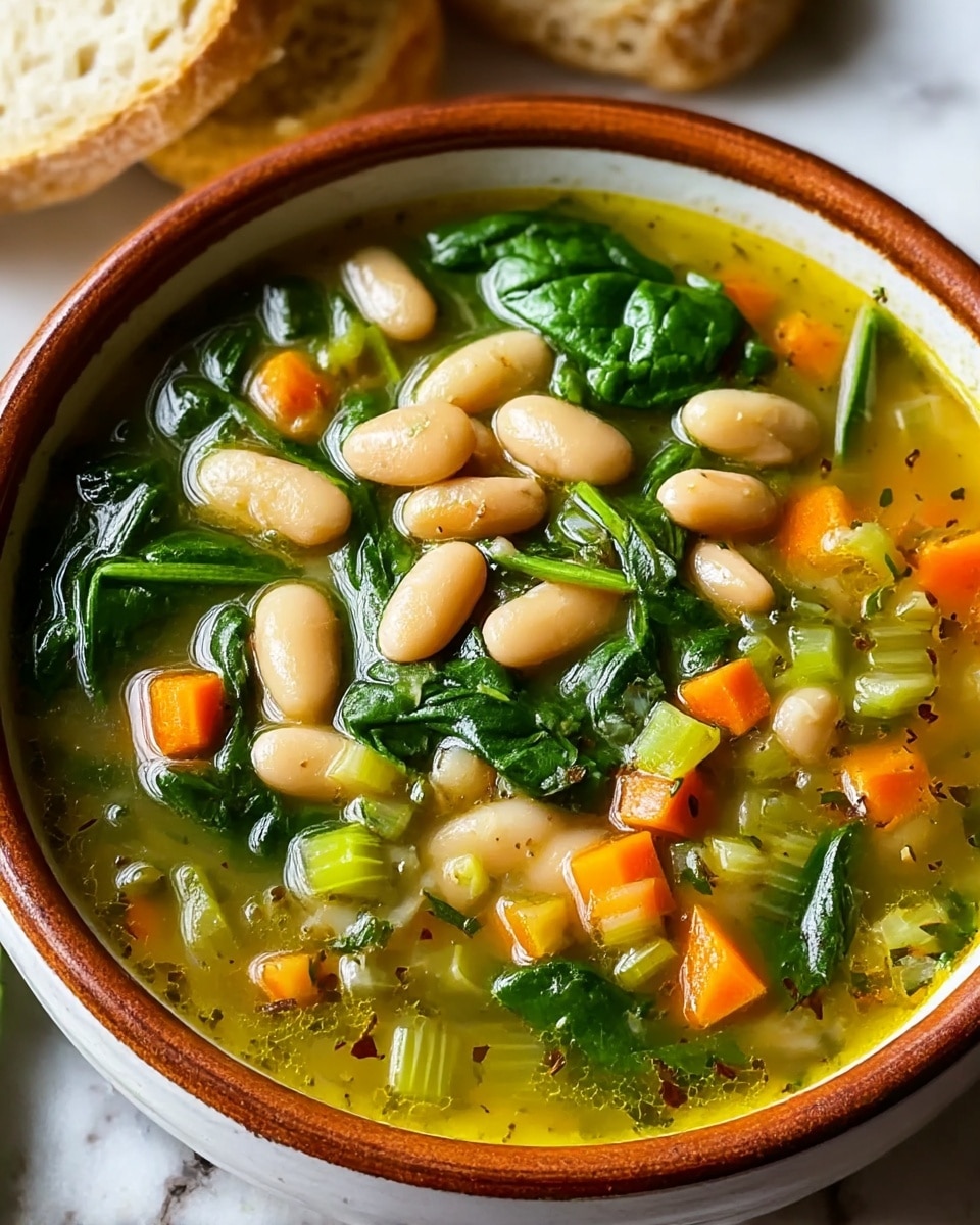 A close-up image of a bowl filled with a bean and vegetable soup showing three main visible layers: the top layer has large white beans and bright green spinach leaves floating in the broth; the middle layer consists of small orange carrot cubes and light green chopped celery mixed throughout; the bottom layer is a clear, light yellow broth with small bits of seasoning and herbs scattered inside, all sitting in a round white bowl with a rustic brown rim. The background features a white marbled texture and some bread pieces partially visible behind the bowl. Photo taken with an iphone --ar 4:5 --v 7