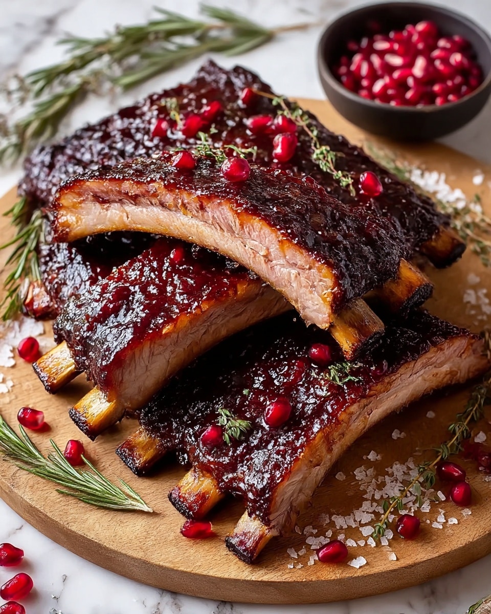 The image shows a round wooden board holding three large ribs stacked in two layers, each rib covered in a dark, shiny, sticky glaze with a slightly charred texture. The top rib is cut open, revealing juicy, pinkish inner meat with a tender texture. Scattered over the ribs and board are bright red pomegranate seeds and small green thyme sprigs. Coarse salt crystals are sprinkled around the ribs, and some more pomegranate seeds sit in a small dark bowl on the white marbled surface beside the board. Thin green rosemary sprigs lie on the board's left side. photo taken with an iphone --ar 4:5 --v 7