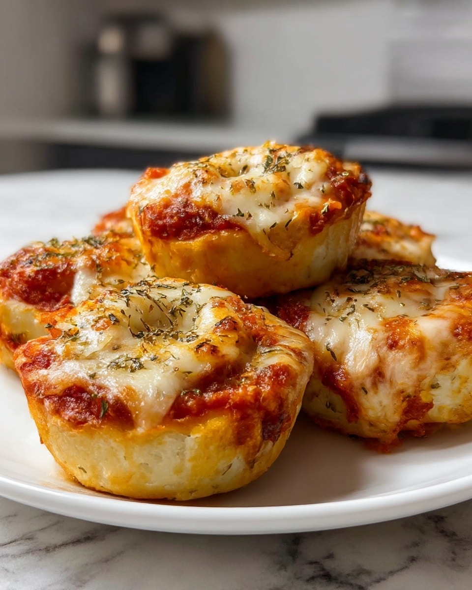 This image shows a white plate holding five mini pizza rolls arranged close together. Each pizza roll has three visible layers starting from a golden-brown crispy dough base, followed by a bright red tomato sauce layer, then a thick, melted cheese layer that is bubbly and slightly browned with herbs sprinkled on top. The texture of the dough looks soft inside and crispy on the outside. The background is a white marbled texture with a blurred kitchen setting. Photo taken with an iphone --ar 4:5 --v 7
