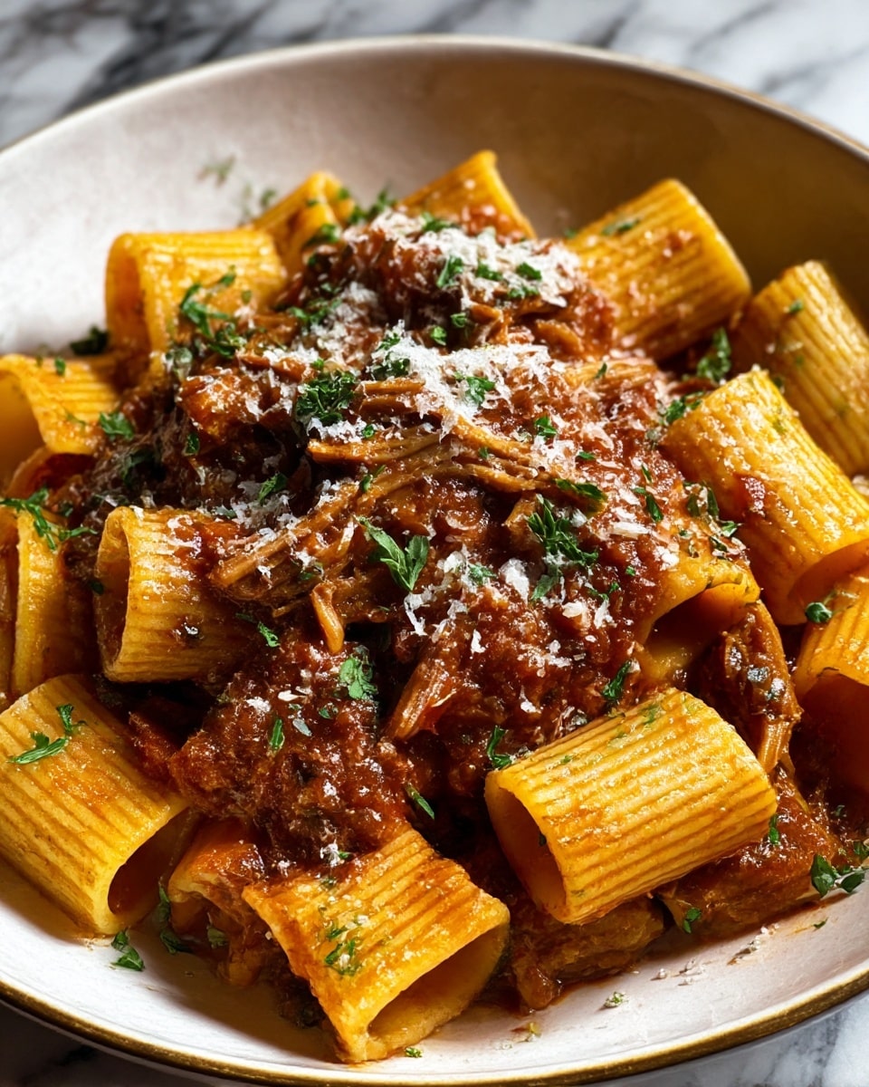 The dish shows large tube-shaped rigatoni pasta pieces with a light golden-yellow color, mixed with a thick, chunky reddish-brown meat sauce spread evenly on top and between the pasta. The sauce has visible pieces of shredded meat and small bits of tomato, with a sprinkled layer of grated white cheese and finely chopped fresh green herbs scattered over the surface. The food is served in a deep white bowl with a white marbled background slightly visible around it. Photo taken with an iphone --ar 4:5 --v 7