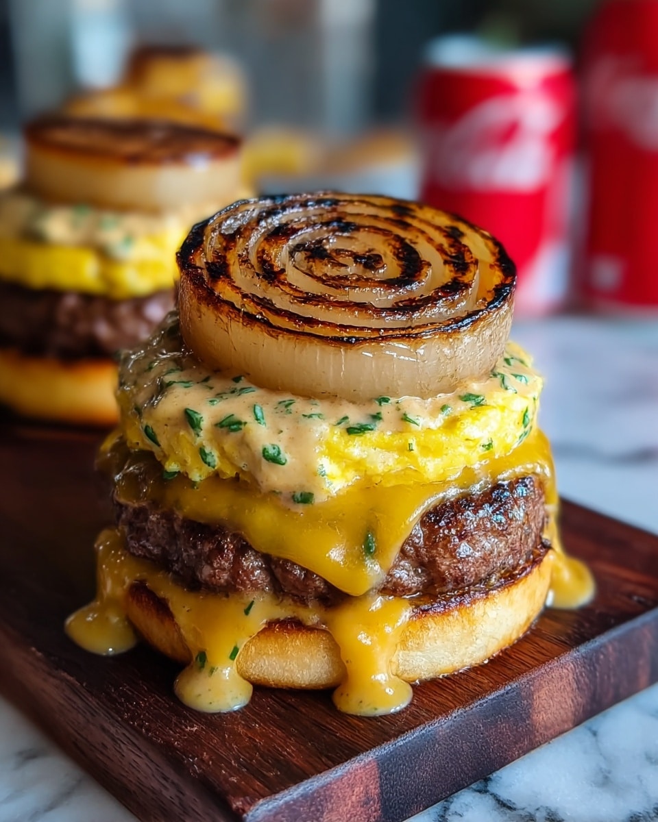 A close-up of a burger stacked in four main layers sits on a wooden board with a blurred background. The bottom layer is melted bright yellow cheese, soft and gooey, oozing down the side. Above, there is a cooked beef patty with a slightly crispy surface. On top of the beef patty, there is a thick layer of creamy sauce with green herbs mixed in, giving it a speckled light beige and green look. The final layer is a large, thick onion ring, grilled to a caramelized golden brown with crispy char marks, sitting neatly on the sauce. Photo taken with an iphone --ar 4:5 --v 7