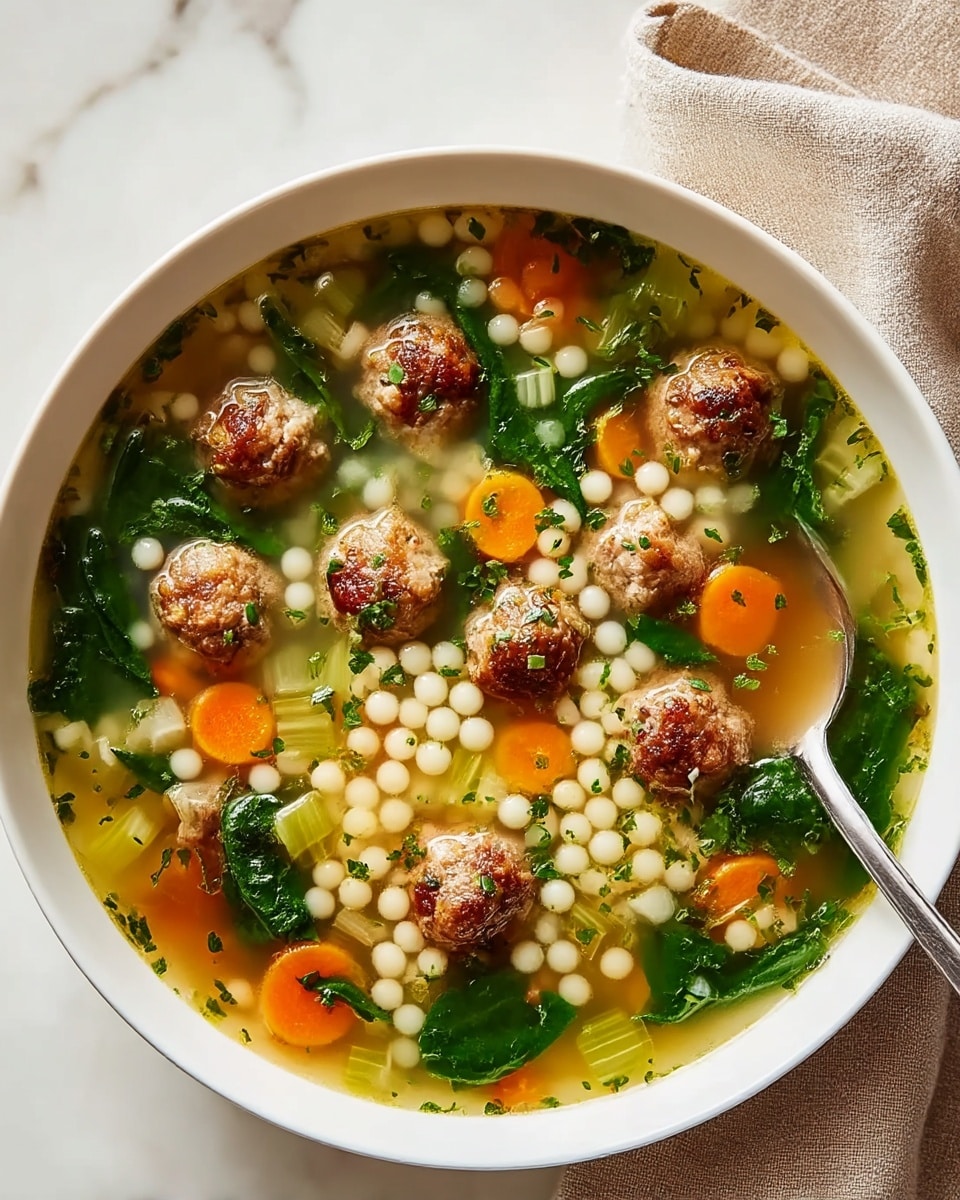 A white bowl filled with clear broth soup that has several small browned meatballs floating on top, along with round small white pasta pearls scattered throughout. The soup includes bright orange carrot slices, light green celery chunks, and dark green spinach leaves, creating a colorful mix. The vegetables are spread evenly in the broth, with some chopped herbs sprinkled over the surface. A silver spoon rests on the side inside the bowl. The bowl is placed on a white marbled surface next to a beige cloth. photo taken with an iphone --ar 4:5 --v 7