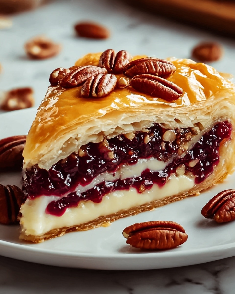 The image shows a close-up of a slice of pastry on a white plate, set on a white marbled surface. The pastry has four visible layers: the top layer is a golden, shiny, flaky crust sprinkled with pecan halves, the second layer is a thick, dark red fruit filling with a glossy texture, the third layer is a creamy white custard-like filling, and the bottom layer is another flaky crust similar to the top one. Extra pecan halves are scattered around the plate, enhancing the presentation. Photo taken with an iphone --ar 4:5 --v 7