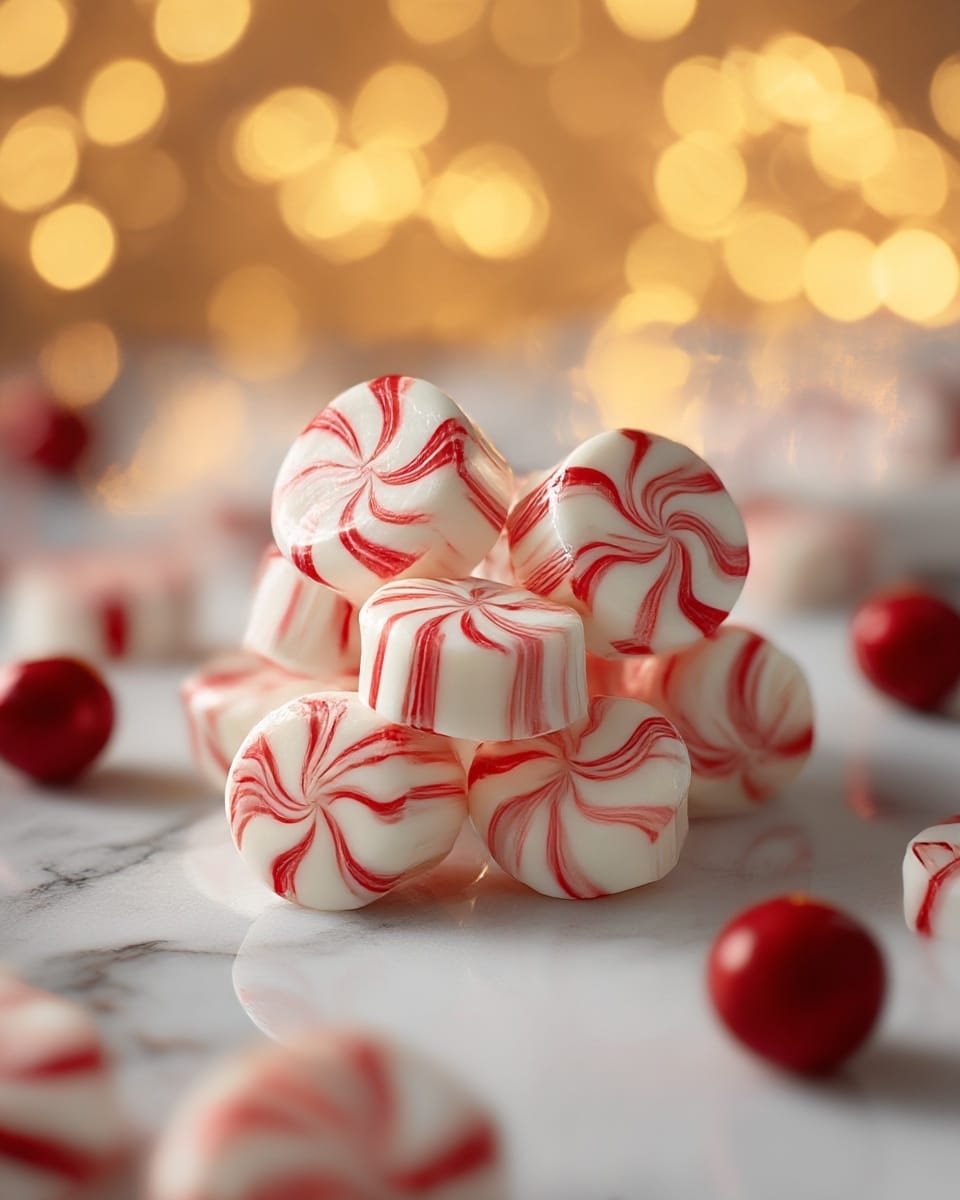A close-up view shows a cluster of peppermint candies with seven visible pieces arranged in a round bunch, each candy showing a smooth, glossy surface with white and red swirls creating a spiral pattern. The candies have a cylindrical shape with flat, rounded tops displaying the swirl clearly, and subtle reflections adding shine. The background is softly blurred with warm yellow lights creating a cozy glow over a white marbled surface scattered with more candies and a few red round objects slightly out of focus. photo taken with an iphone --ar 4:5 --v 7