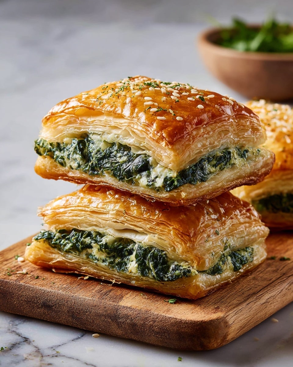Three square pieces of golden-brown puff pastry are stacked on top of each other on a wooden board. Each piece has several flaky layers with a shiny, crisp top sprinkled with sesame seeds and some green herbs. Inside, a thick layer of dark green spinach mixed with creamy white cheese fills the middle. The wooden board sits on a white marbled surface with a blurred bowl of green herbs visible in the background. photo taken with an iphone --ar 4:5 --v 7