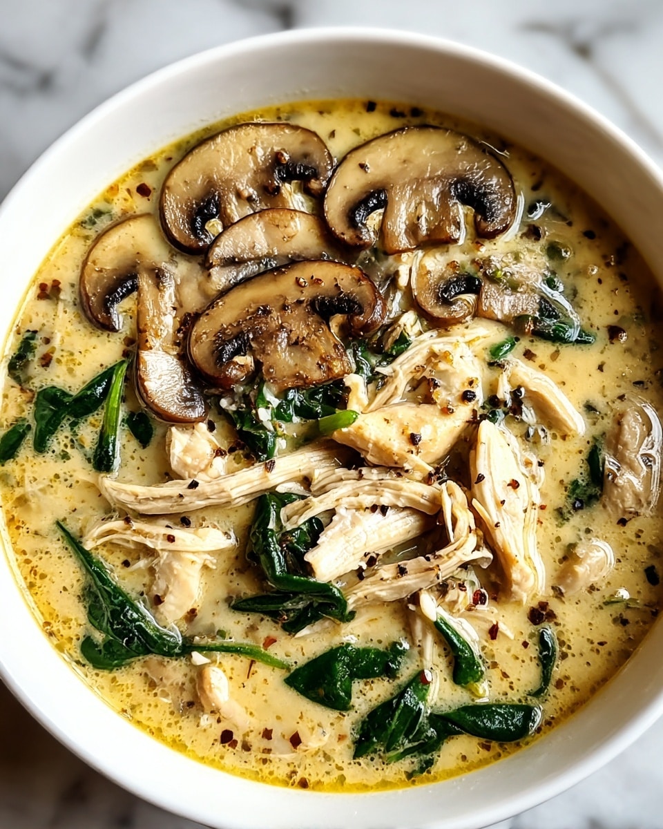 A white bowl filled with creamy soup showing multiple layers: the top layer has sliced brown mushrooms with a glossy texture, scattered black pepper bits, and wilted dark green spinach leaves; beneath are tender shredded pieces of light beige chicken mixed throughout a thick, smooth, light yellow broth with a velvety consistency, all resting on a white marbled surface. photo taken with an iphone --ar 4:5 --v 7