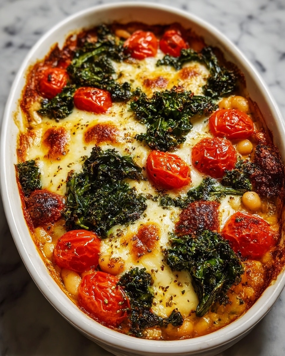 A baked dish in a white oval ceramic dish filled with several layers starting from a base of golden baked beans, followed by a layer of melted creamy cheese with browned spots on top, scattered with wilted dark green kale leaves and bright red roasted cherry tomato halves, all covered lightly with specks of herbs and seasoning. The dish has a textured, slightly crispy top layer with a mix of vibrant colors from the vegetables and beans, set on a white marbled surface. photo taken with an iphone --ar 4:5 --v 7