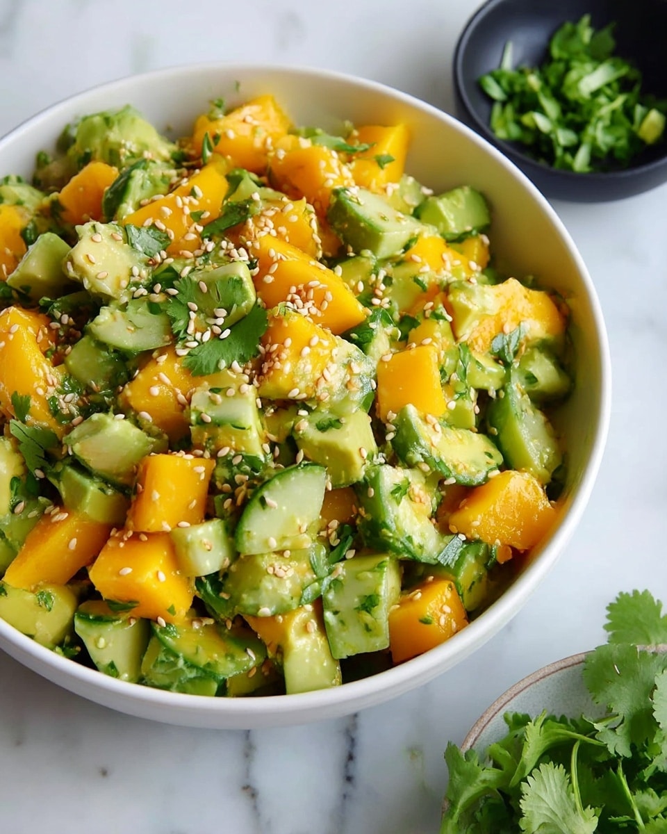 A white bowl filled with a fresh salad made of two main layers of diced avocado and bright yellow mango chunks, all mixed with light green cucumber pieces. The salad has a slightly glossy texture from a dressing and is sprinkled with small toasted sesame seeds and finely chopped green herbs on top. The bowl is placed on a white marbled surface with small bunches of fresh cilantro and small black dishes containing sesame seeds and chopped herbs around it. photo taken with an iphone --ar 4:5 --v 7