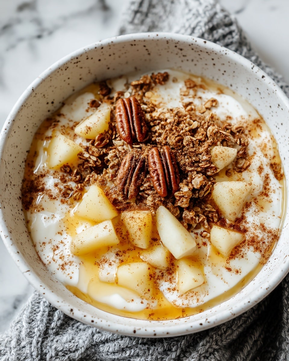 A close-up image of a white speckled bowl filled with a creamy white base, likely cottage cheese, topped with small light yellow pear pieces scattered evenly. On top of the fruit are clusters of brown granola and a few pecans placed mostly in the center. The dish is lightly drizzled with golden honey, which glistens against the topping, and a sprinkling of fine brown cinnamon powder adds contrast and texture. The bowl is set on a gray knit cloth with a white marbled surface underneath. Photo taken with an iphone --ar 4:5 --v 7