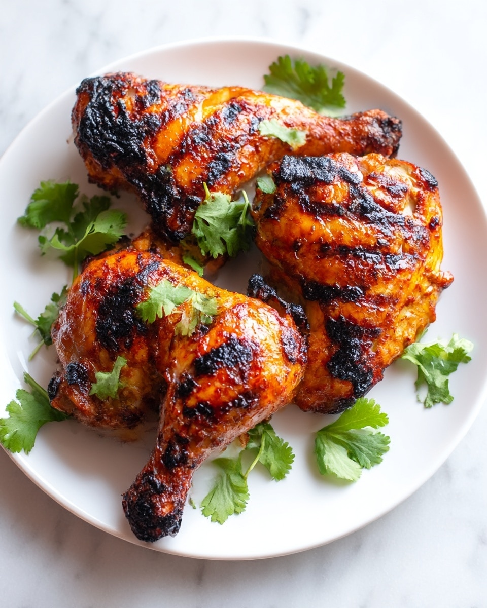 A white plate holds three pieces of grilled chicken with a deep orange-red color and charred black edges, showing a crispy texture from the grilling. The chicken pieces have clear grill marks and a glossy, juicy surface with some darker, almost blackened spots, suggesting they are well-cooked and flavorful. Bright green cilantro leaves are scattered around the chicken as a fresh garnish. The plate sits on a white marbled surface, adding a clean and simple background to highlight the rich colors of the food. photo taken with an iphone --ar 4:5 --v 7