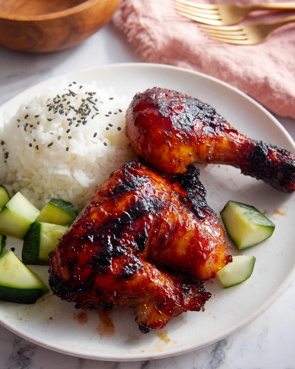 A white plate on a white marbled surface holds two pieces of grilled chicken legs with a glossy, dark reddish-brown glaze and charred marks, showing a juicy, slightly crispy texture. Next to the chicken, there is a mound of steamed white rice sprinkled with black sesame seeds for contrast. Scattered around the rice and chicken are small cubes of green cucumber with some light seasoning. In the background, a wooden bowl and a fork on a pale pink cloth are partially visible. photo taken with an iphone --ar 4:5 --v 7
