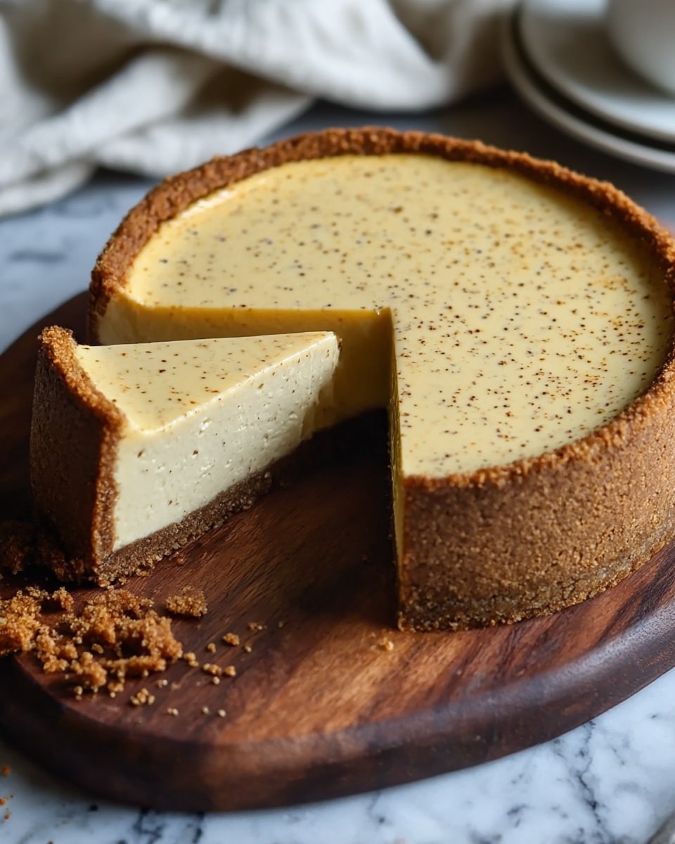 The image shows a round tart with three visible layers. The bottom layer is a thick, crumbly brown crust that also forms the high edges around the tart. The middle layer is a thick, pale creamy beige filling with a smooth texture and some tiny specks visible throughout. The top layer is a slightly darker beige glaze that is smooth and glossy with subtle specks spread evenly. The tart has one slice removed, showing clearly the even layers inside. A metal spoon with a simple design lies inside the empty slice space. The tart sits on a wooden board, which is placed on a white marbled textured surface partly covered by a soft, patterned cloth. photo taken with an iphone --ar 4:5 --v 7
