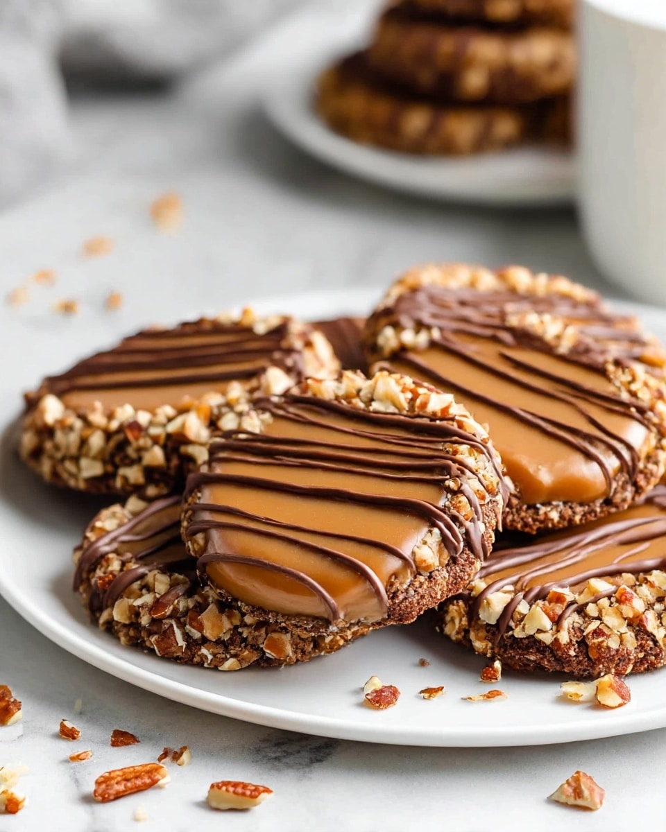 The image shows a white plate holding several round cookies that have three main layers. The bottom layer looks dark brown and textured, covered with small pieces of chopped nuts around the edges. The middle layer is smooth and shiny caramel with a light brown color, sitting in the center of each cookie. The top layer is thin lines of milk chocolate drizzled over the caramel in a neat pattern. The white marbled surface underneath the plate has scattered pieces of chopped nuts around it. In the background, there is a blurred white cup and more cookies arranged. Photo taken with an iphone --ar 4:5 --v 7